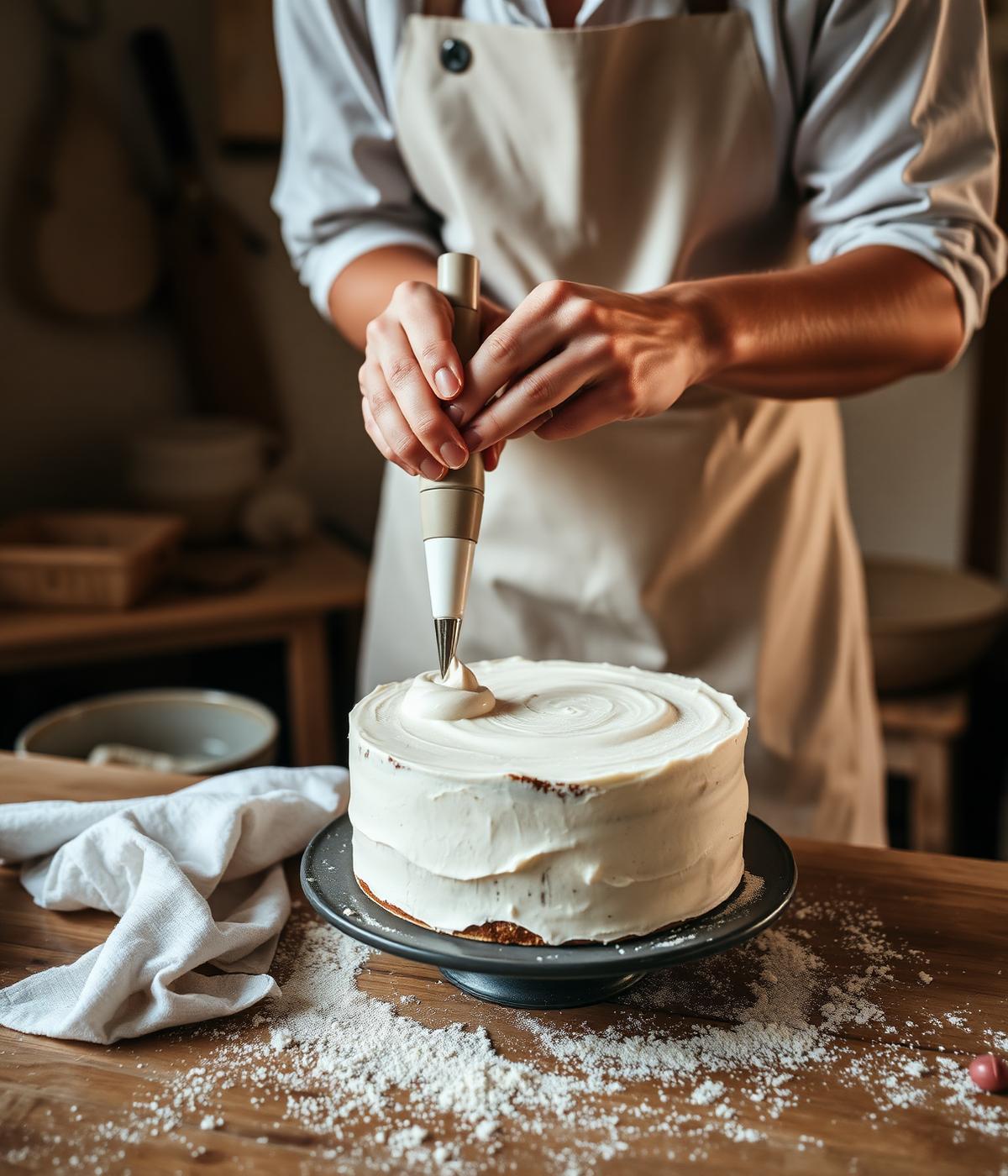 Manos artesanas decorando una tarta en el obrador
